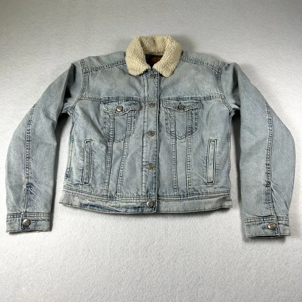 American Eagle‎ Jean Jacket Womens XS Denim Sherpa Lining Pockets Rivet Buttons